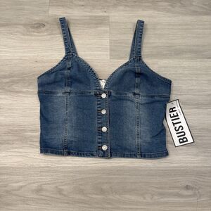 Almost Famous Bustier Womens Medium Top Blue Denim Front Button Up Straps